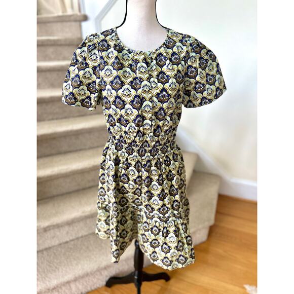 Anthropologie Dresses & Skirts - Anthropologie Milkmaid Puff Sleeve Navy Cream Yellow Mosaic Block Print Dress